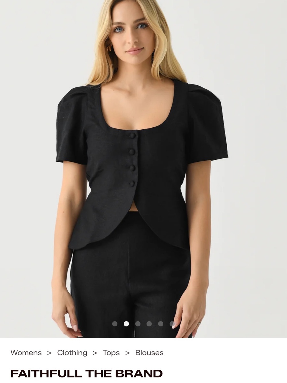 Faithfull The Brand Black Button-Front Puff-Sleeve Scoop Top